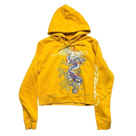 Ed Hardy Dragon Tattoo Pullover Gold Hoodie Size Medium Signature Logo - Picture 1 of 4